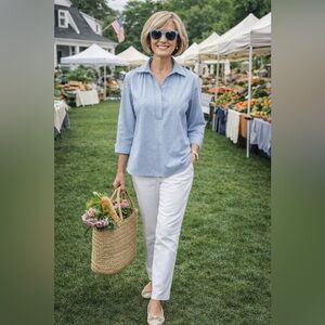 Preston & York Striped Blue Seersucker Collared Blouse